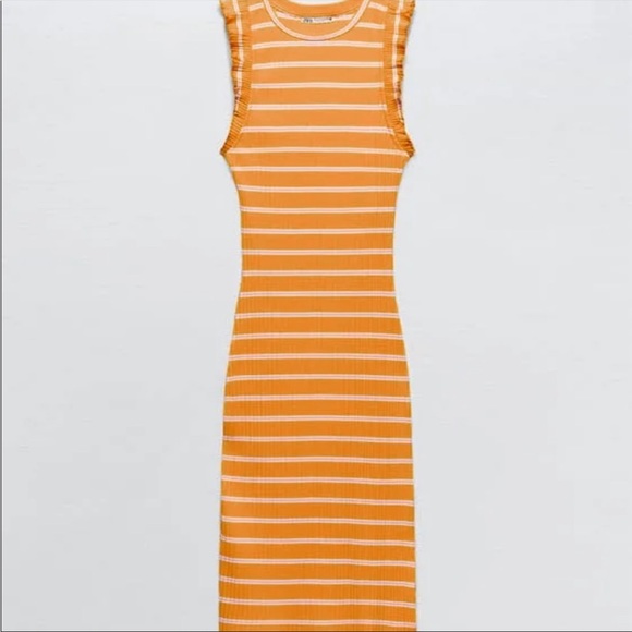 Zara Ribbed Bodycon Midi Dress Orange Striped Ruffle Cap Sleeves - Picture 2 of 6
